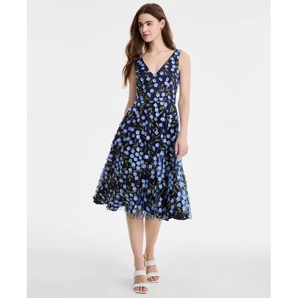 Eliza J Navy Blue 3D Floral Applique V-Neck Fit and Flare Midi Dress NWT Size 8